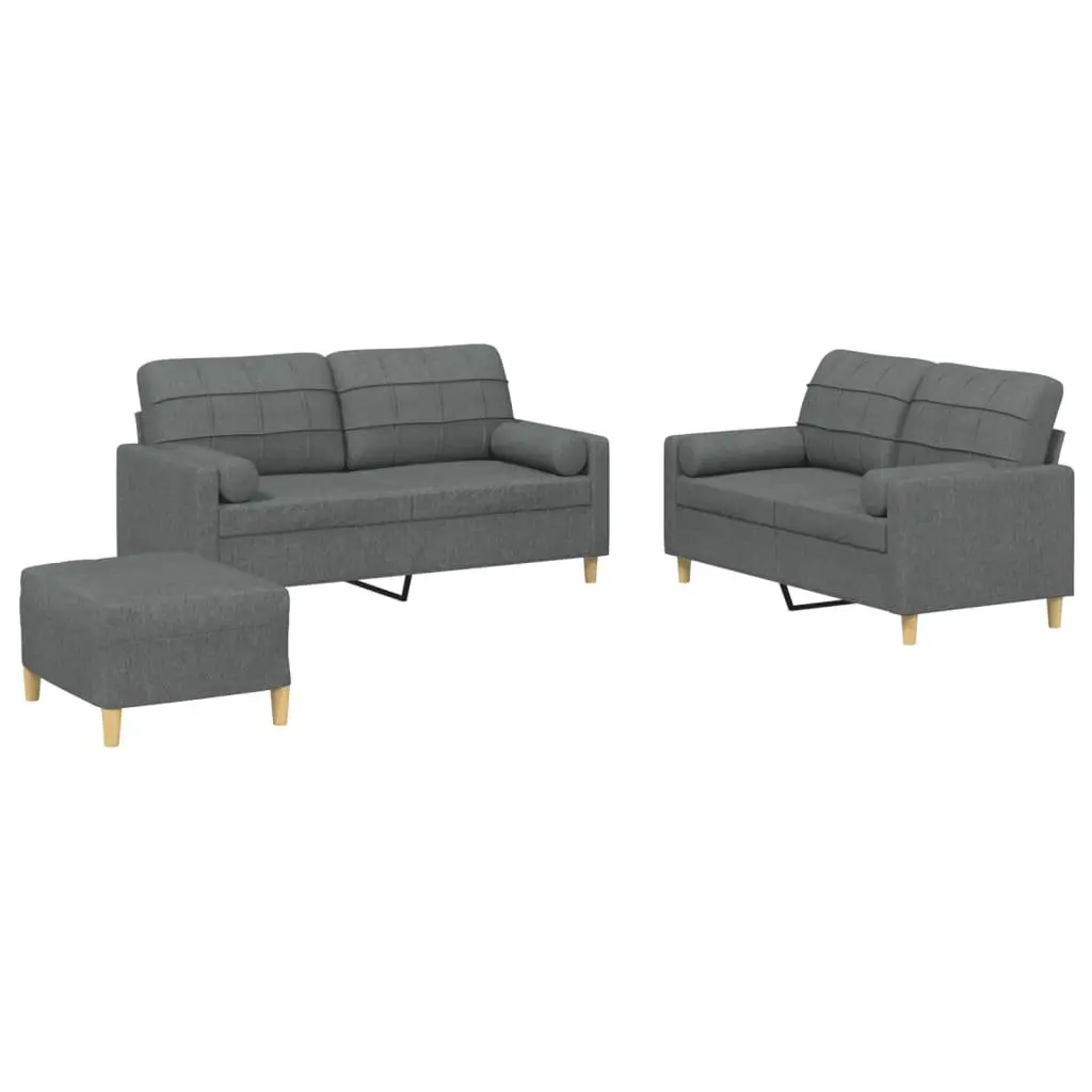 Sofa Set Living Room Seating 3 Piece Grey Fabric Couch with Pillows Footstool