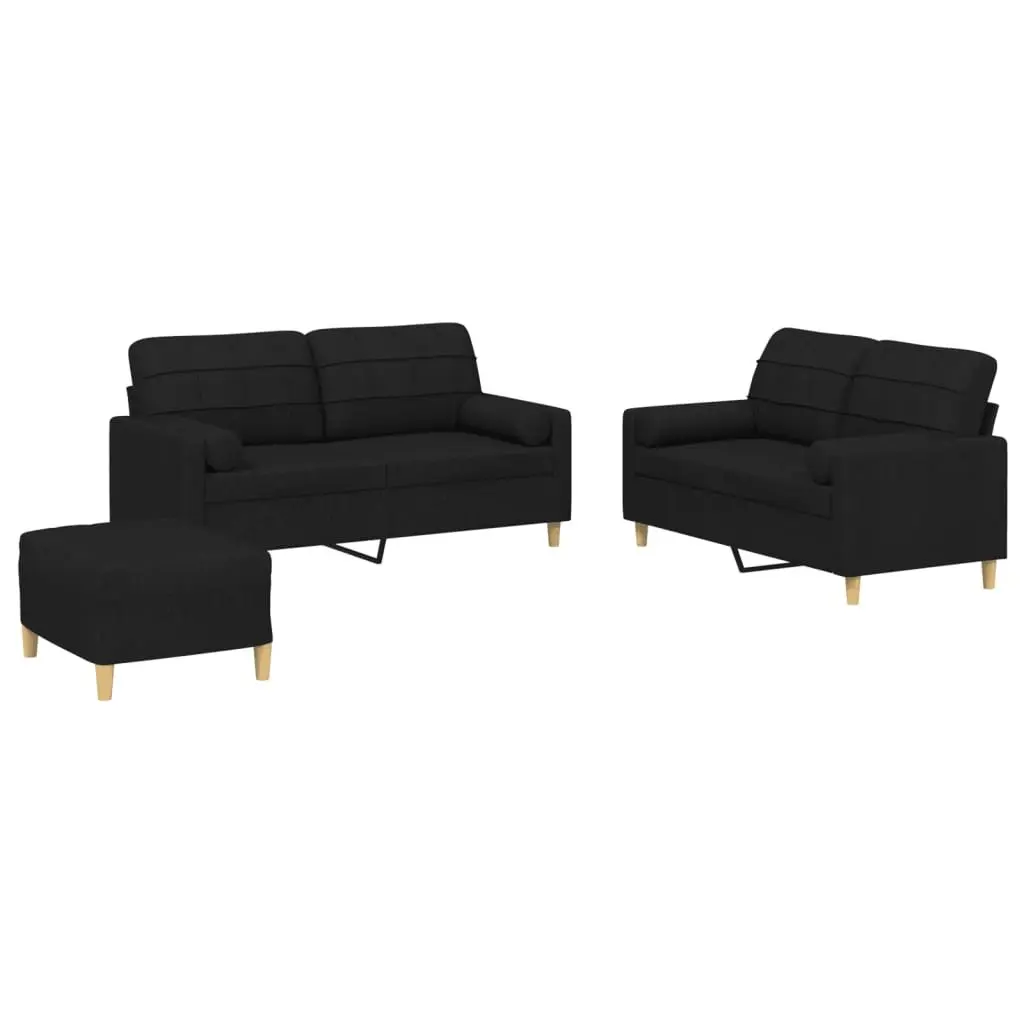 3 Piece Sofa Set Black Fabric Lounge Suite Couch with Pillows and Footstool