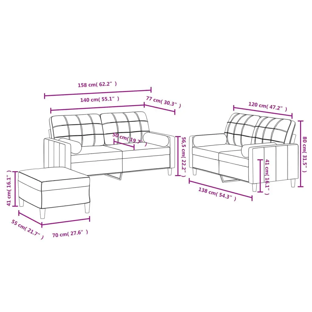 3 Piece Sofa Set Black Fabric Lounge Suite Couch with Pillows and Footstool