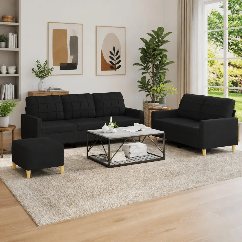 3 Piece Sofa Set in Black Fabric