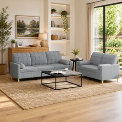 2 Piece Sofa Set Grey Fabric Lounge Suite Couch with Pillows Living Room