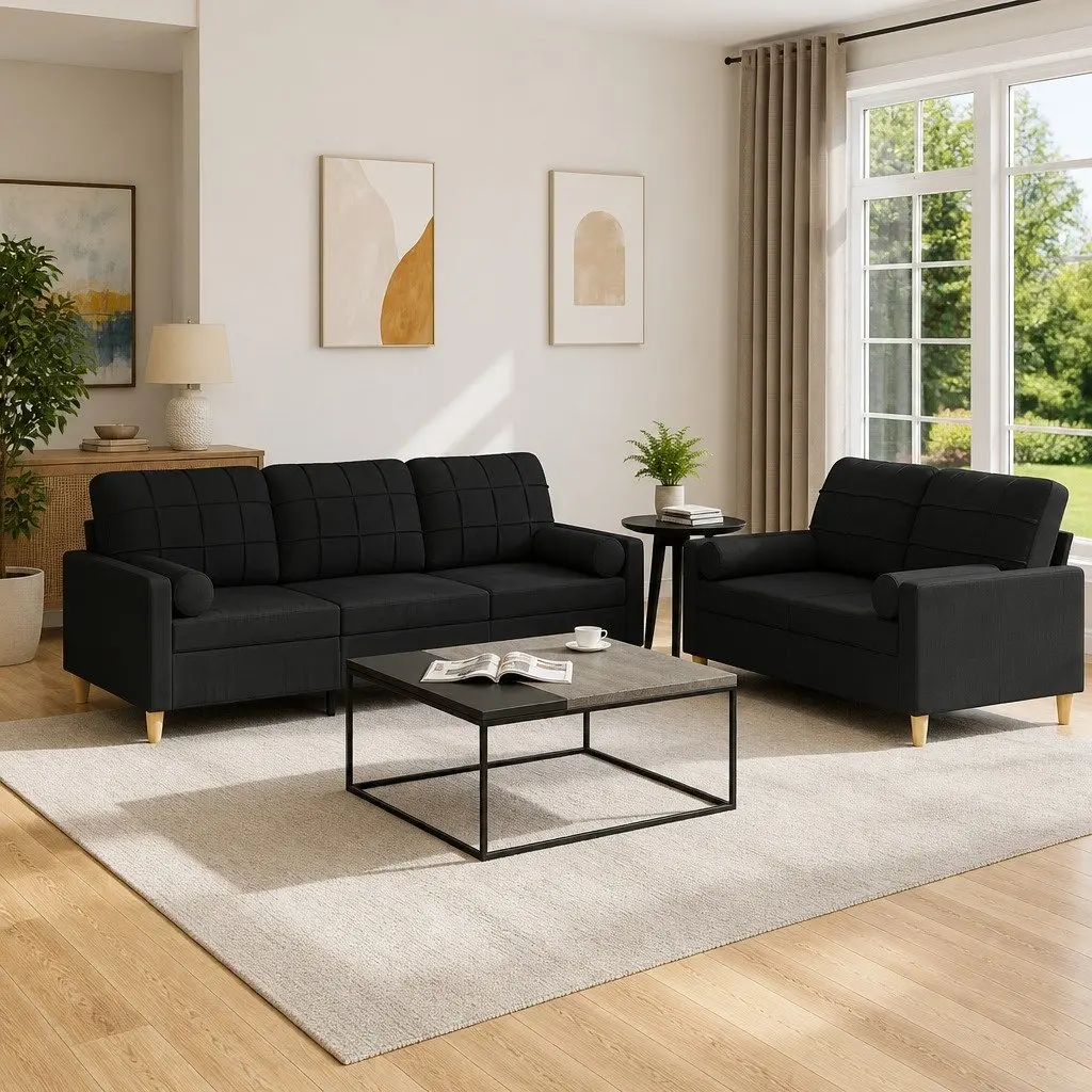 2 Piece Sofa Set Black Fabric Living Room Couch