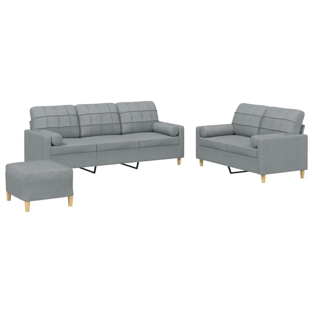 Sofa Set Living Room Furniture Grey Fabric 3 Piece with Roll Pillows and Footstool