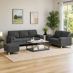 Comfortable 3 Piece Sofa Set in Grey Fabric with Footstool