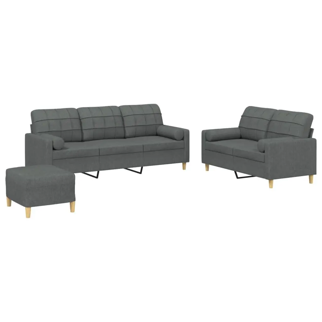 Grey Fabric Sofa Set with Pillows and Footstool 3 Piece Living Room Furniture
