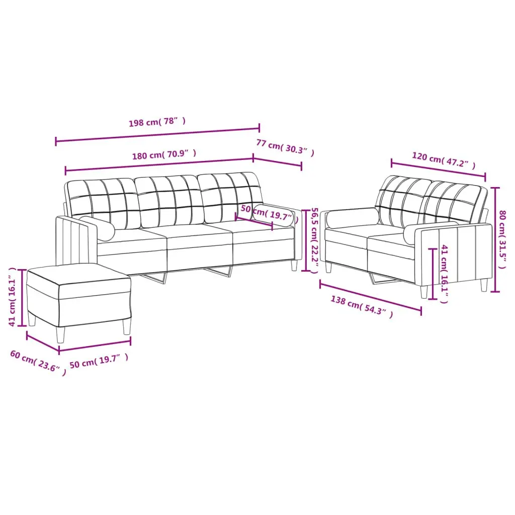 Grey Fabric Sofa Set with Pillows and Footstool 3 Piece Living Room Furniture