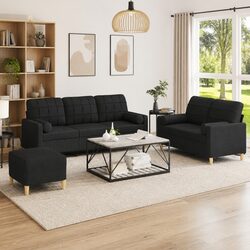 3 Piece Sofa Set Black Fabric Lounge Suite with Pillows and Footstool