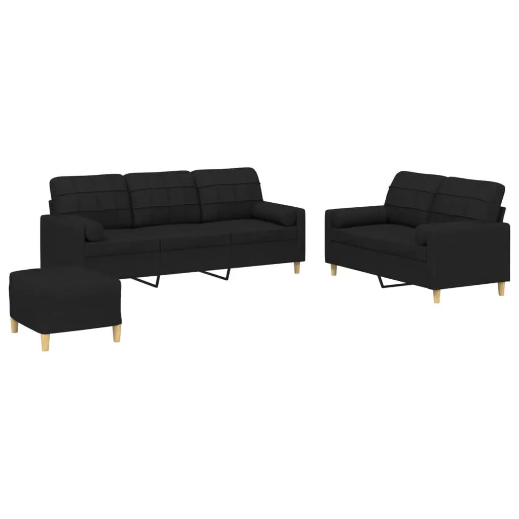 3 Piece Sofa Set Black Fabric Lounge Suite with Pillows Footstool