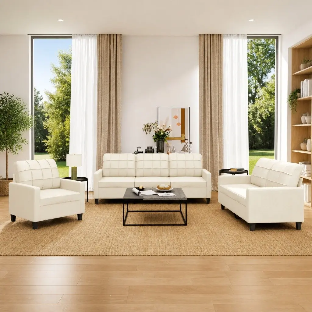 3 Piece Sofa Set Living Room Furniture Cream Faux Leather Couch Modern