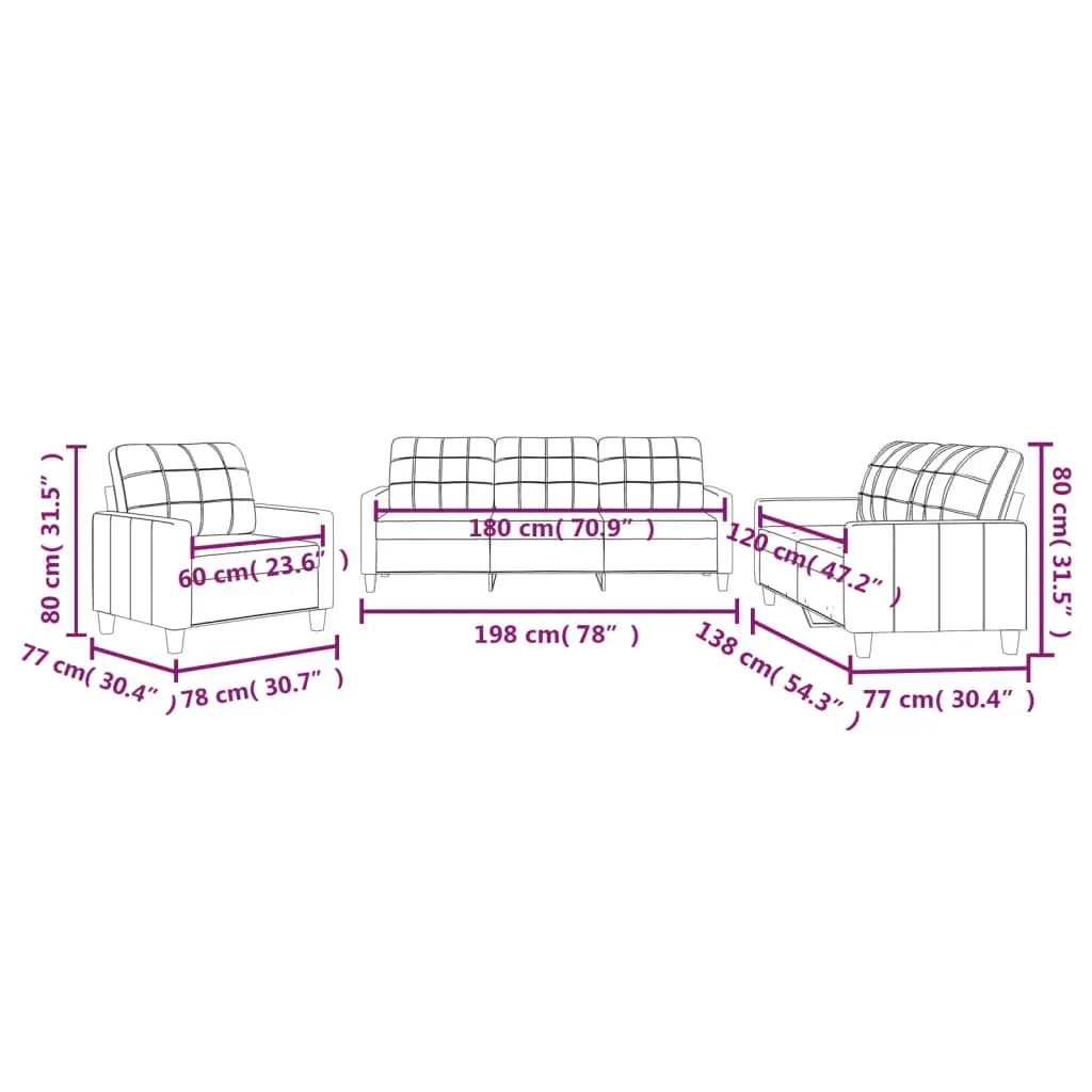 3 Piece Sofa Set Grey Modern Living Room Furniture Lounge Seating Suite