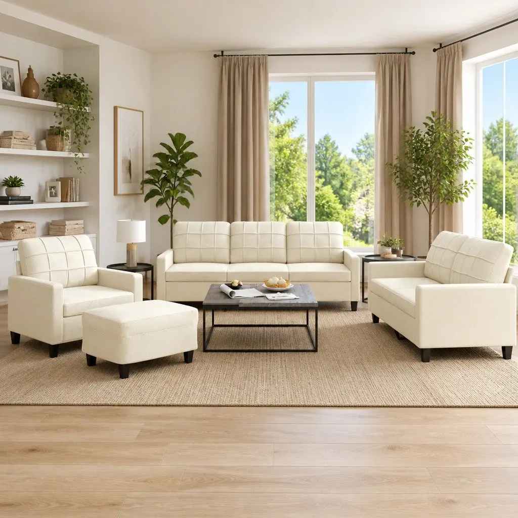 4 Piece Sofa Set Cream Faux Leather Living Room Furniture