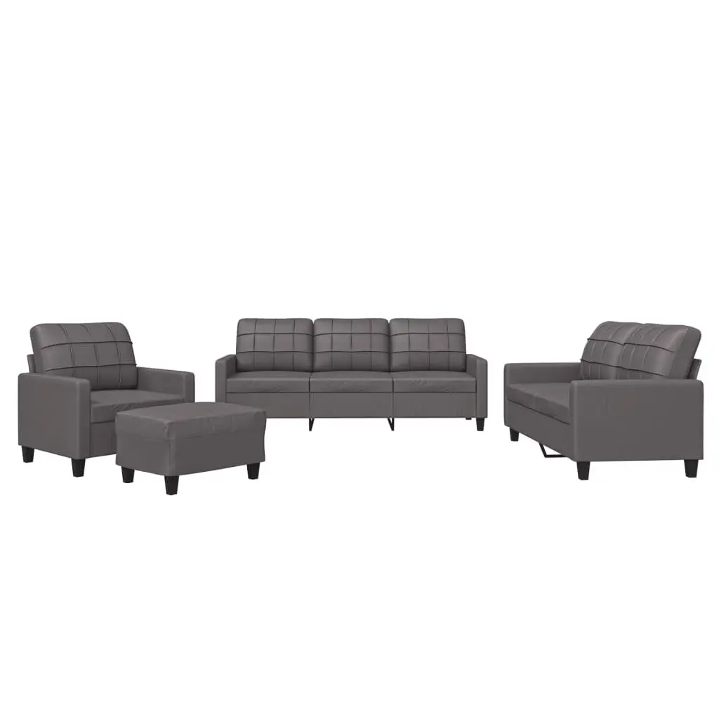 4 Piece Sofa Set Grey Faux Leather Lounge Furniture with Footstool Cushions
