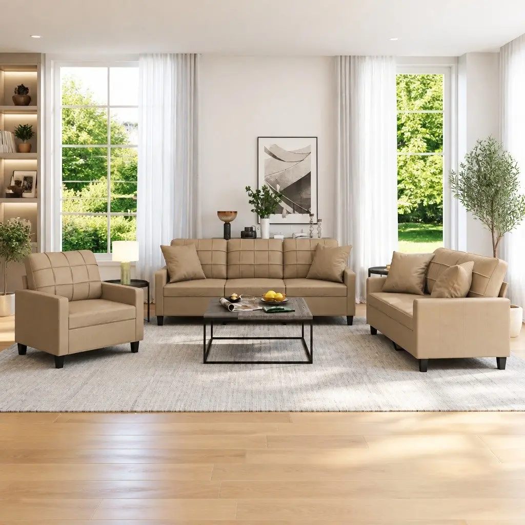 3 Piece Sofa Set Living Room Brown Faux Leather Couch with Throw Pillows