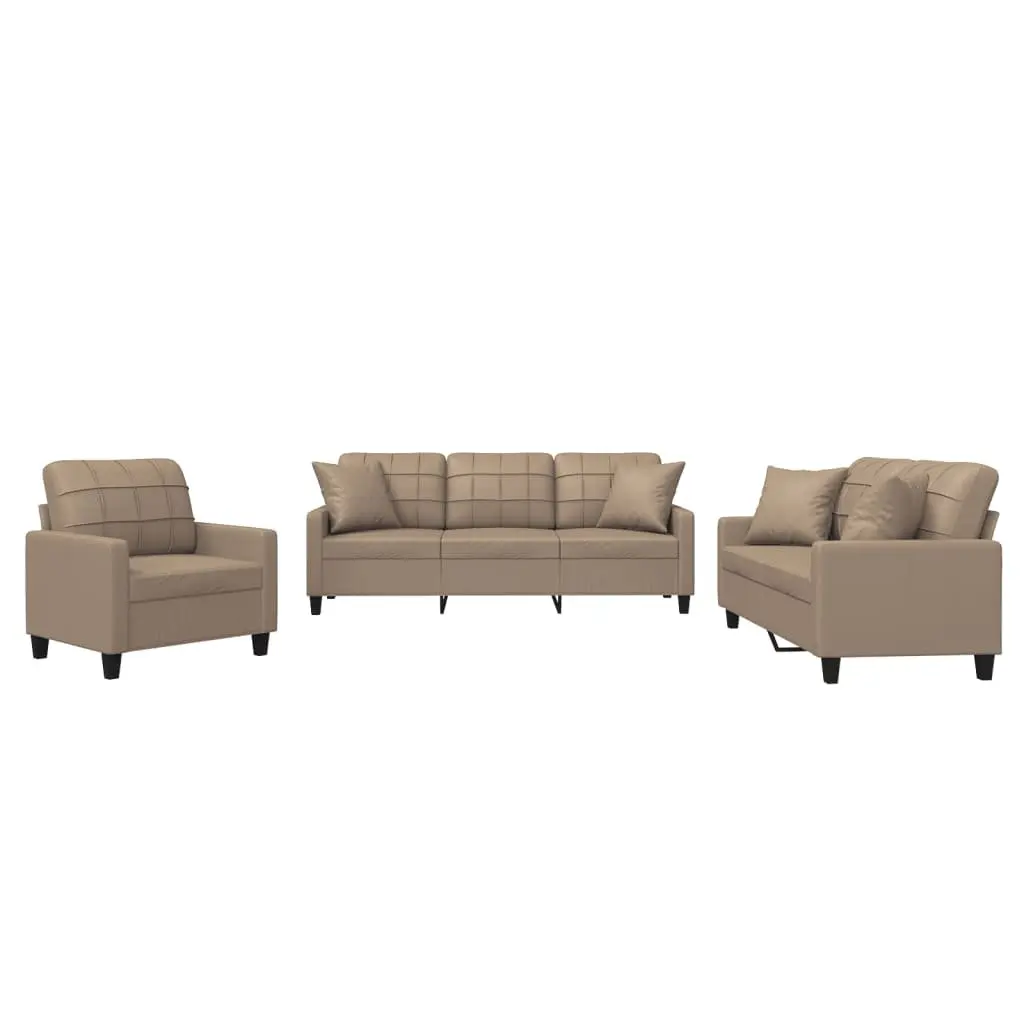 3 Piece Sofa Set Living Room Brown Faux Leather Couch with Throw Pillows