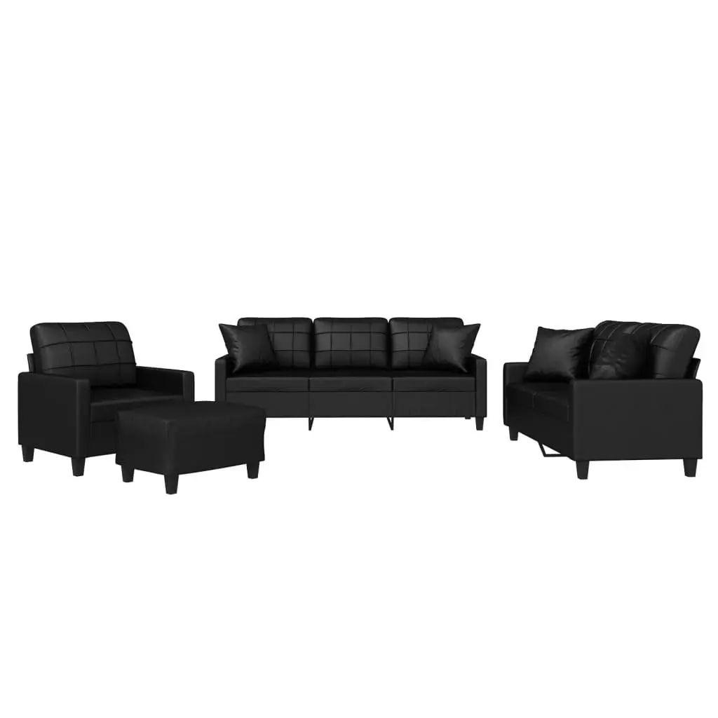 Sofa Set for Living Room Black Faux Leather 4 Piece with Throw Pillows and Footstool