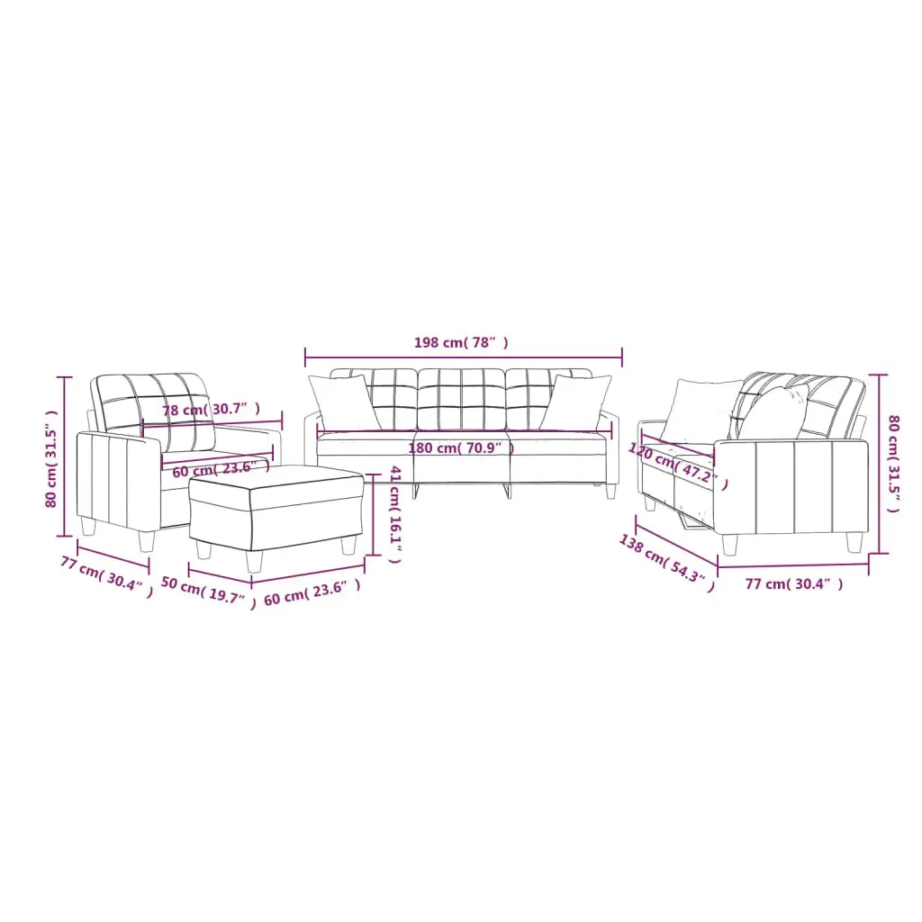 Sofa Set for Living Room Black Faux Leather 4 Piece with Throw Pillows and Footstool