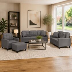 4 Piece Sofa Set Grey Faux Leather Couch with Throw Pillows Footstool Living