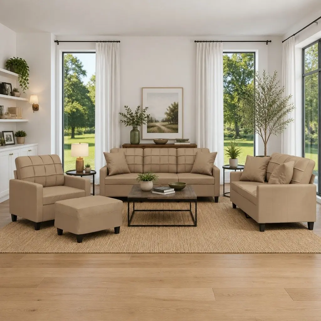 4 Piece Sofa Set Brown Faux Leather Lounge Suite with Pillows Footstool