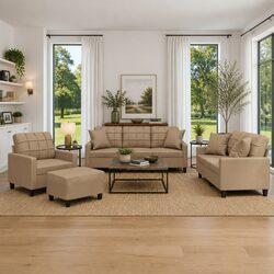 4 Piece Sofa Set Brown Faux Leather Lounge Suite with Pillows Footstool