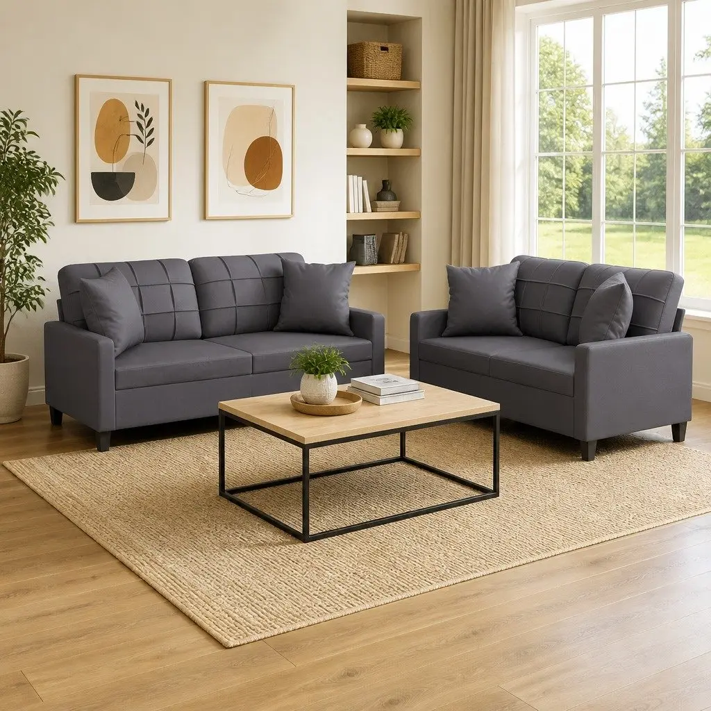 2 Piece Sofa Set Grey Faux Leather Couch Lounge Suite with Throw Pillows