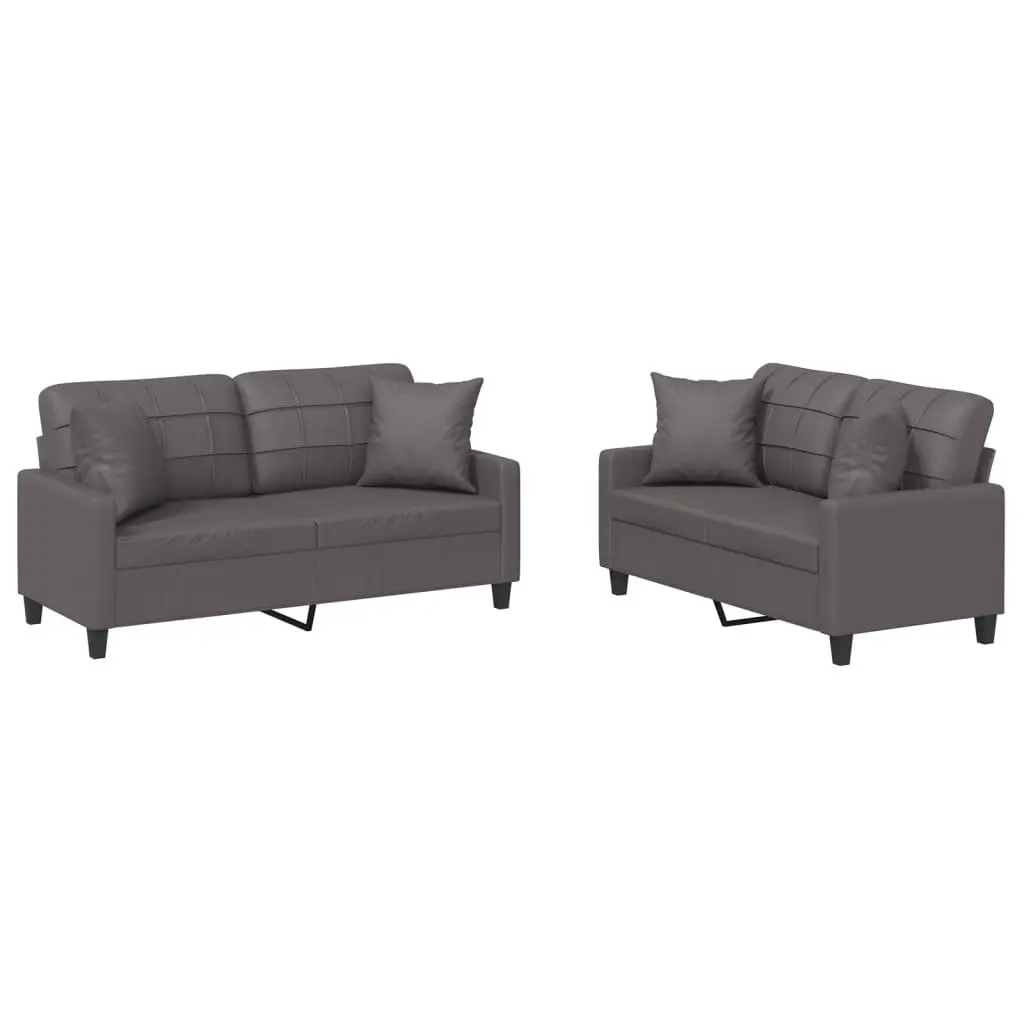 2 Piece Sofa Set Grey Faux Leather Couch Lounge Suite with Throw Pillows