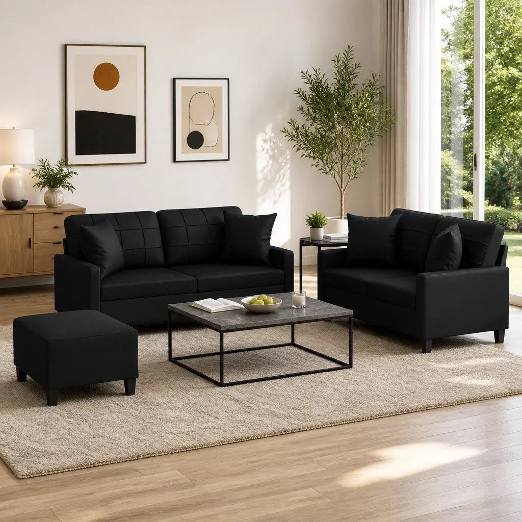 3 Piece Sofa Set Black Faux Leather Couch for Lounging Reading Watching TV
