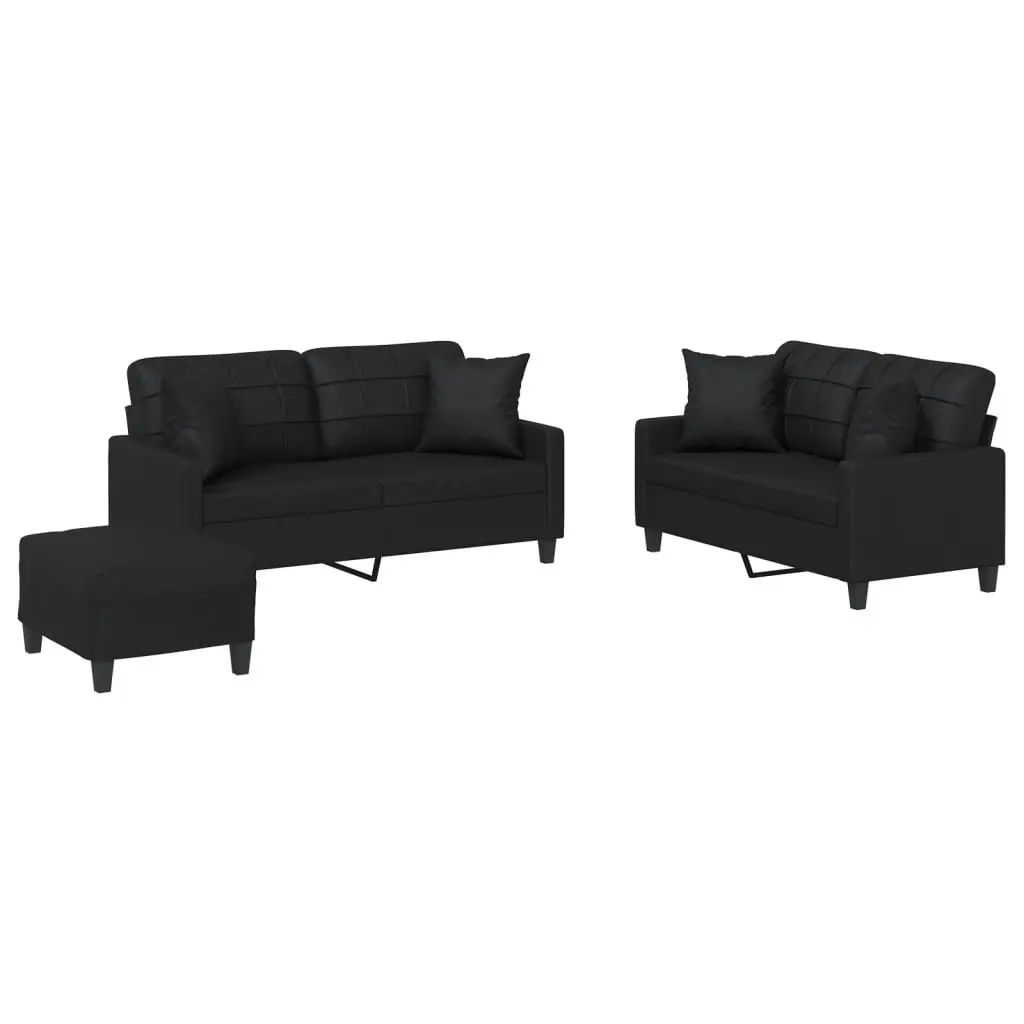 3 Piece Sofa Set Black Faux Leather Couch for Lounging Reading Watching TV