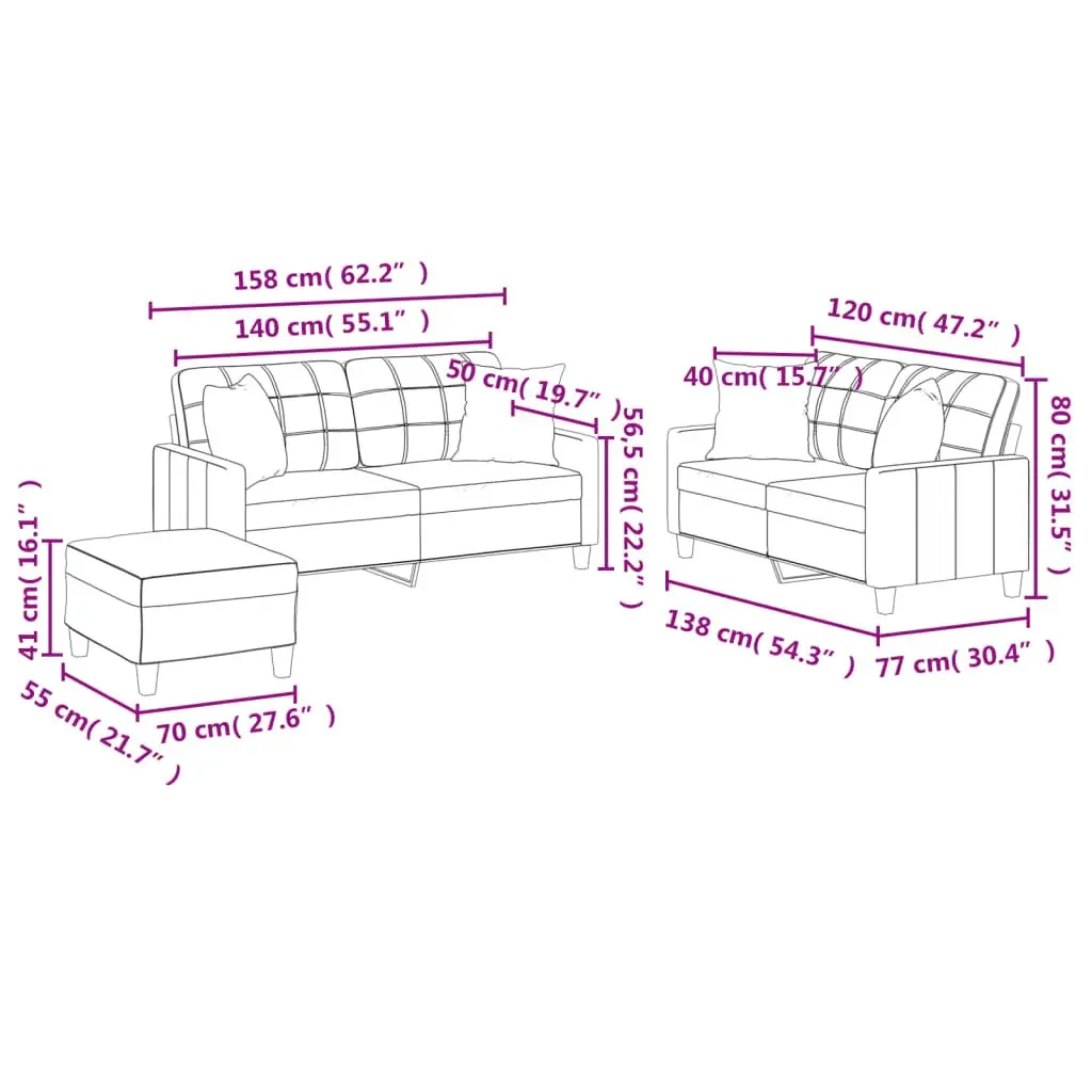 3 Piece Sofa Set Black Faux Leather Couch for Lounging Reading Watching TV