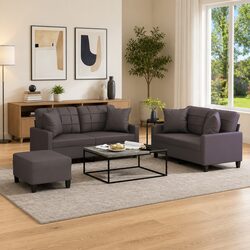 3 Piece Sofa Set with Throw Pillows and Footstool Grey Faux Leather Lounge
