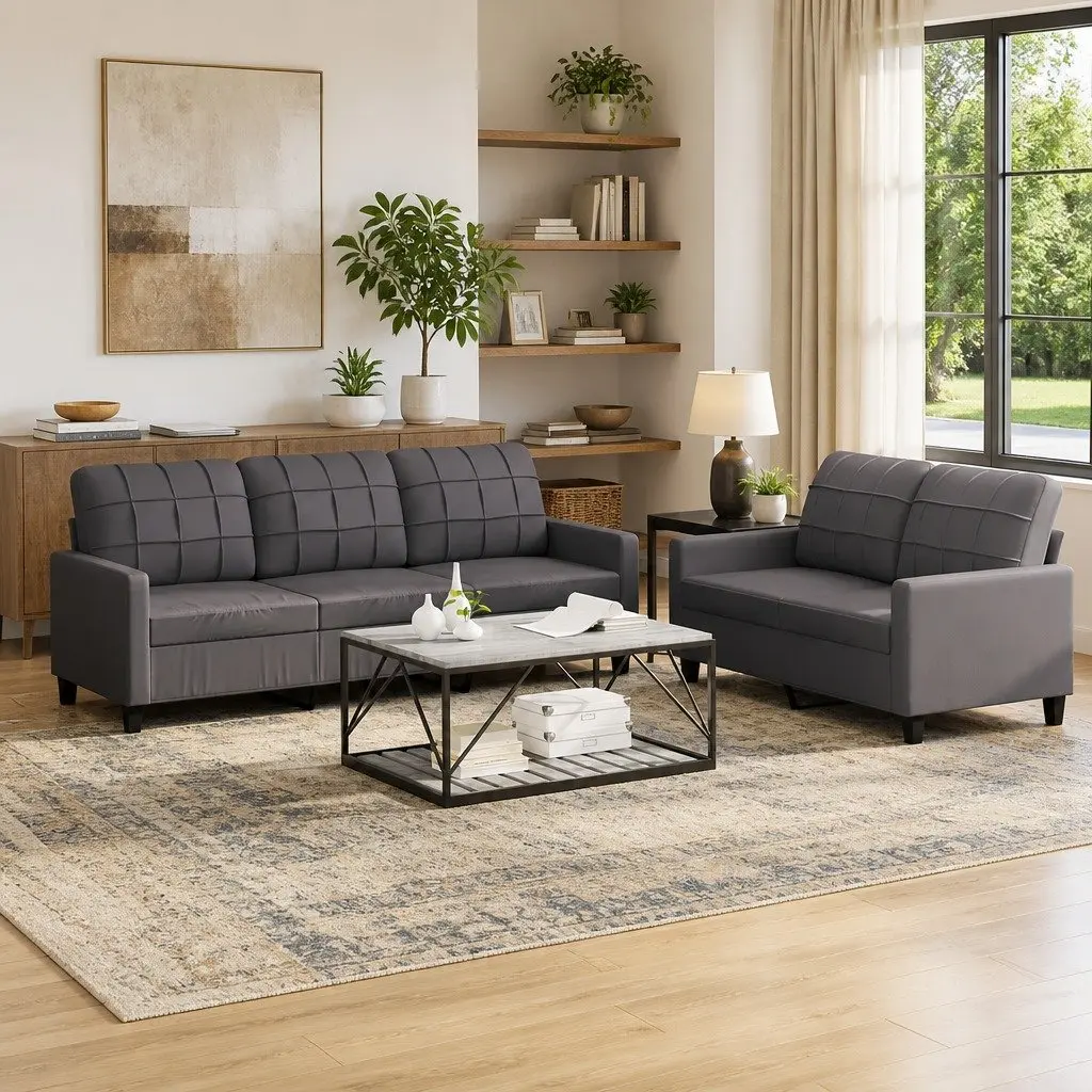 2 Piece Sofa Set Grey Faux Leather Lounge Couch