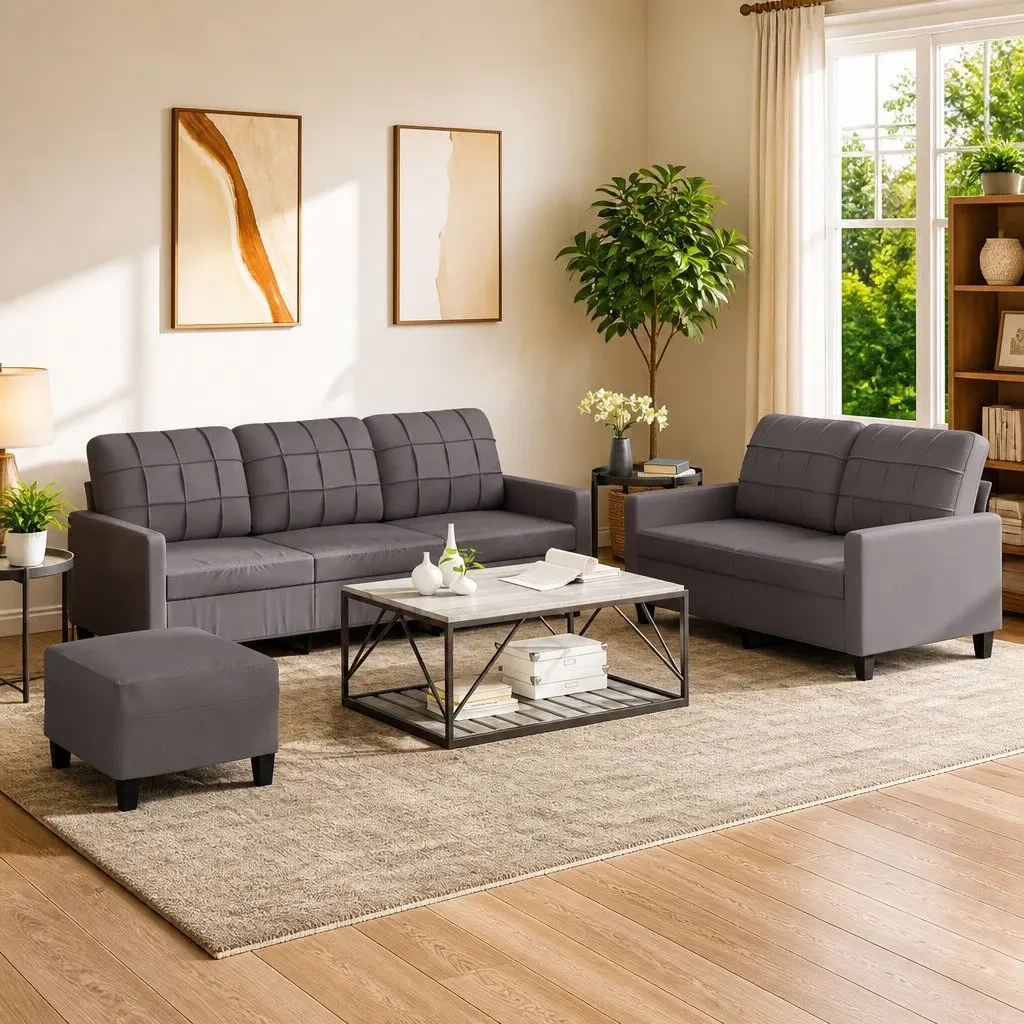 3 Piece Sofa Set Living Room Furniture Seating Grey Faux Leather