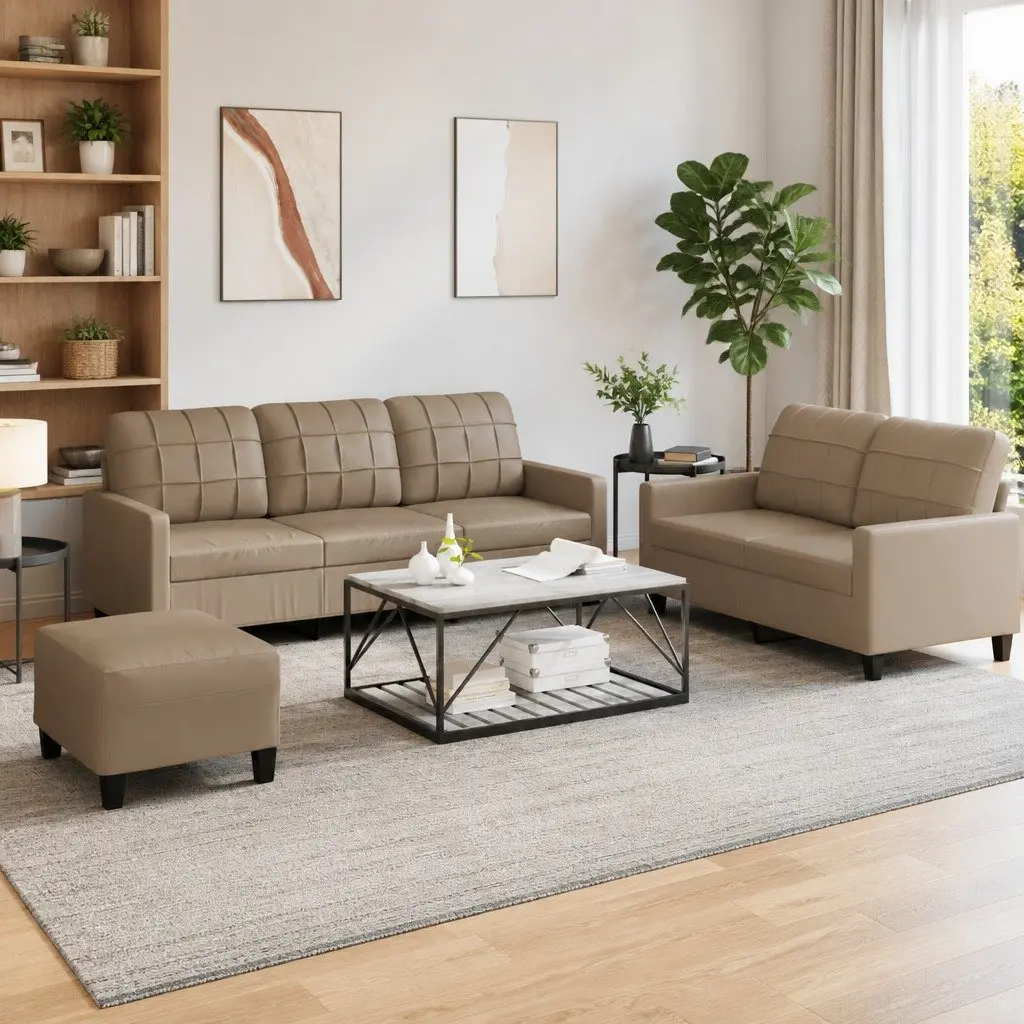 3 Piece Sofa Set Footstool Cushions Brown Faux Leather Living Room