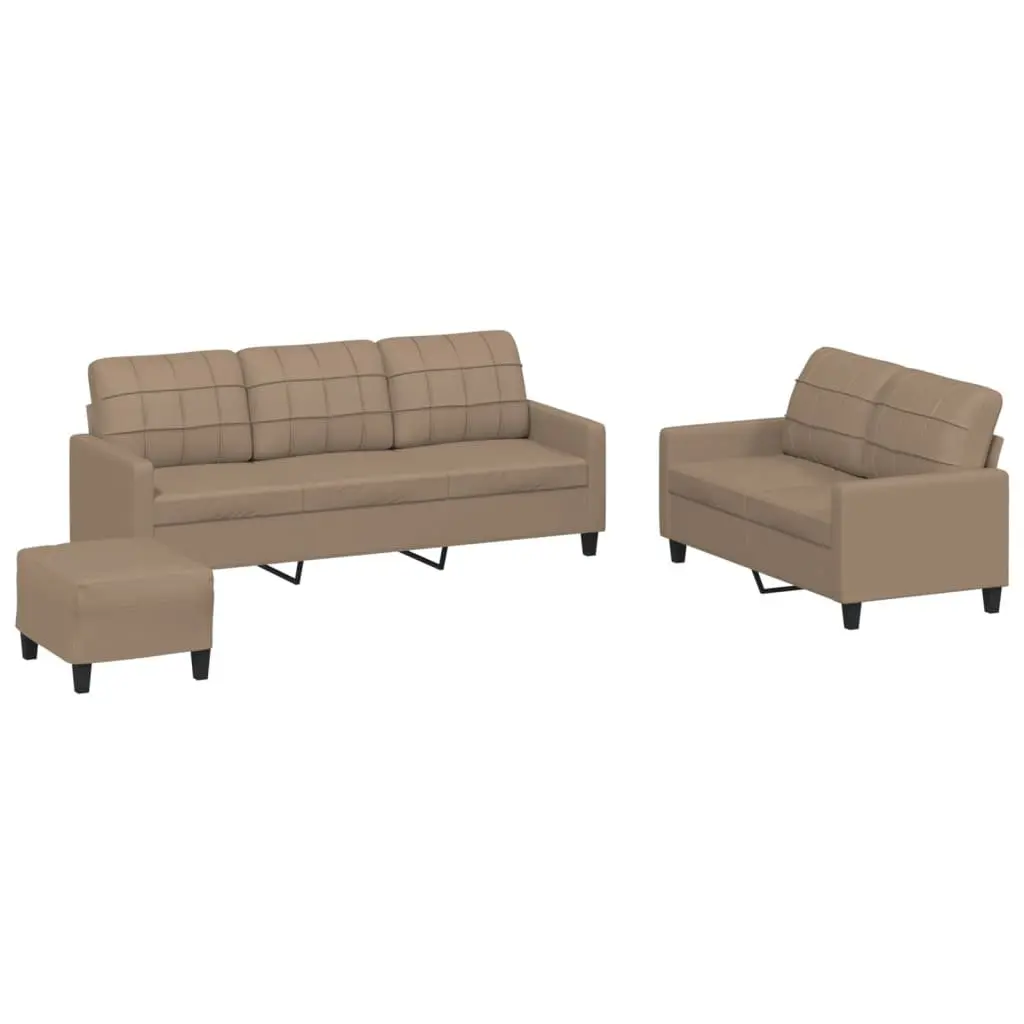 3 Piece Sofa Set Footstool Cushions Brown Faux Leather Living Room