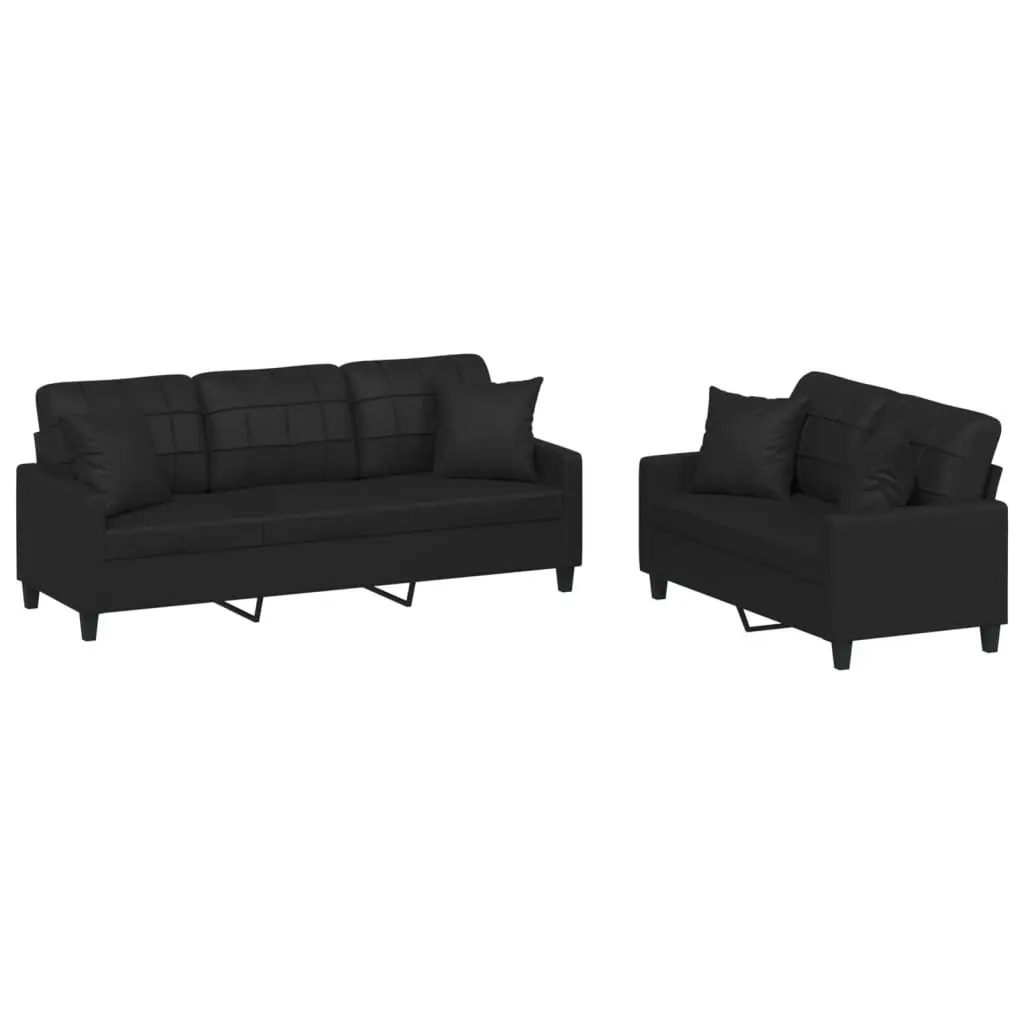 2 Piece Sofa Set Black Faux Leather Couch Living Room Furniture
