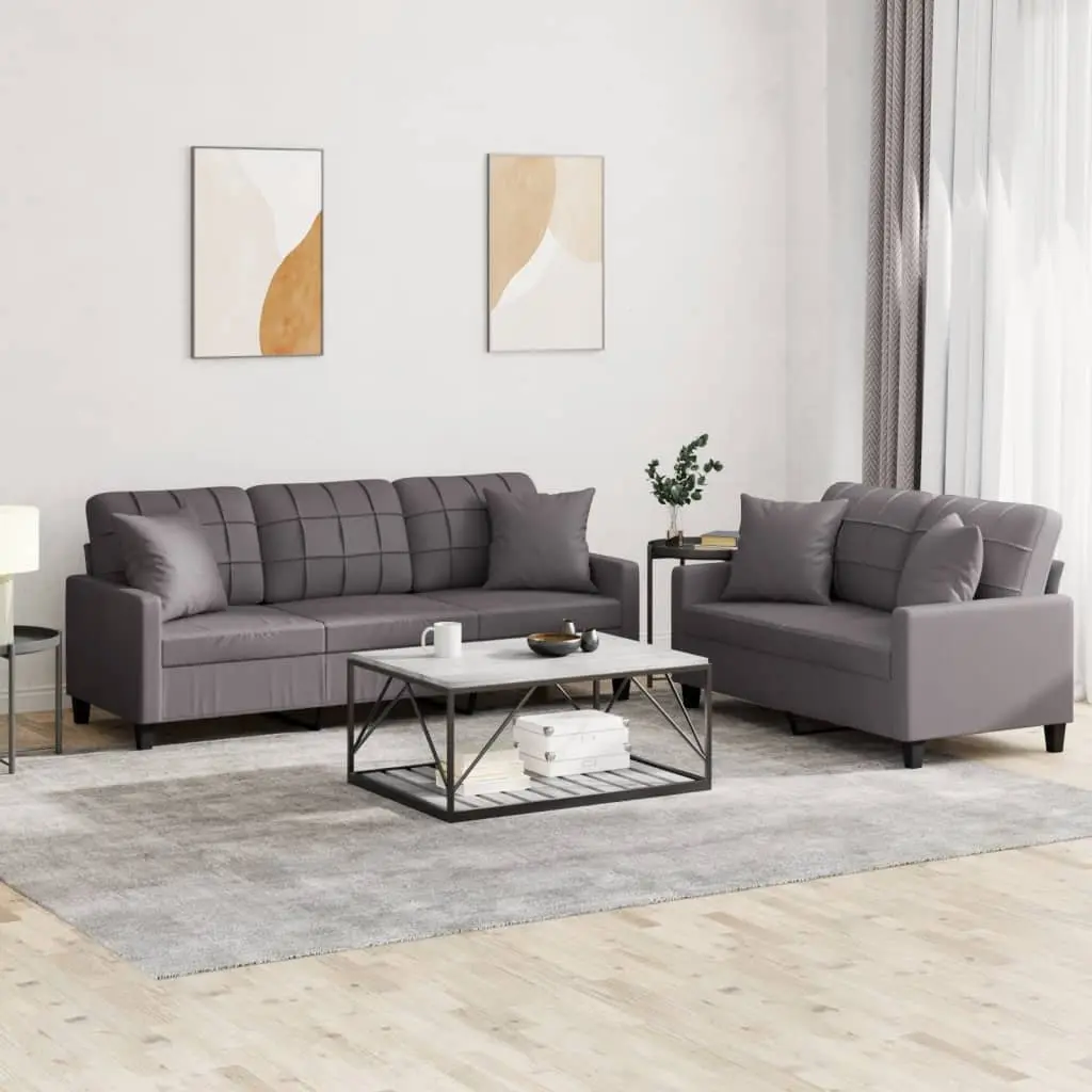 Grey Faux Leather Sofa Set with Throw Pillows