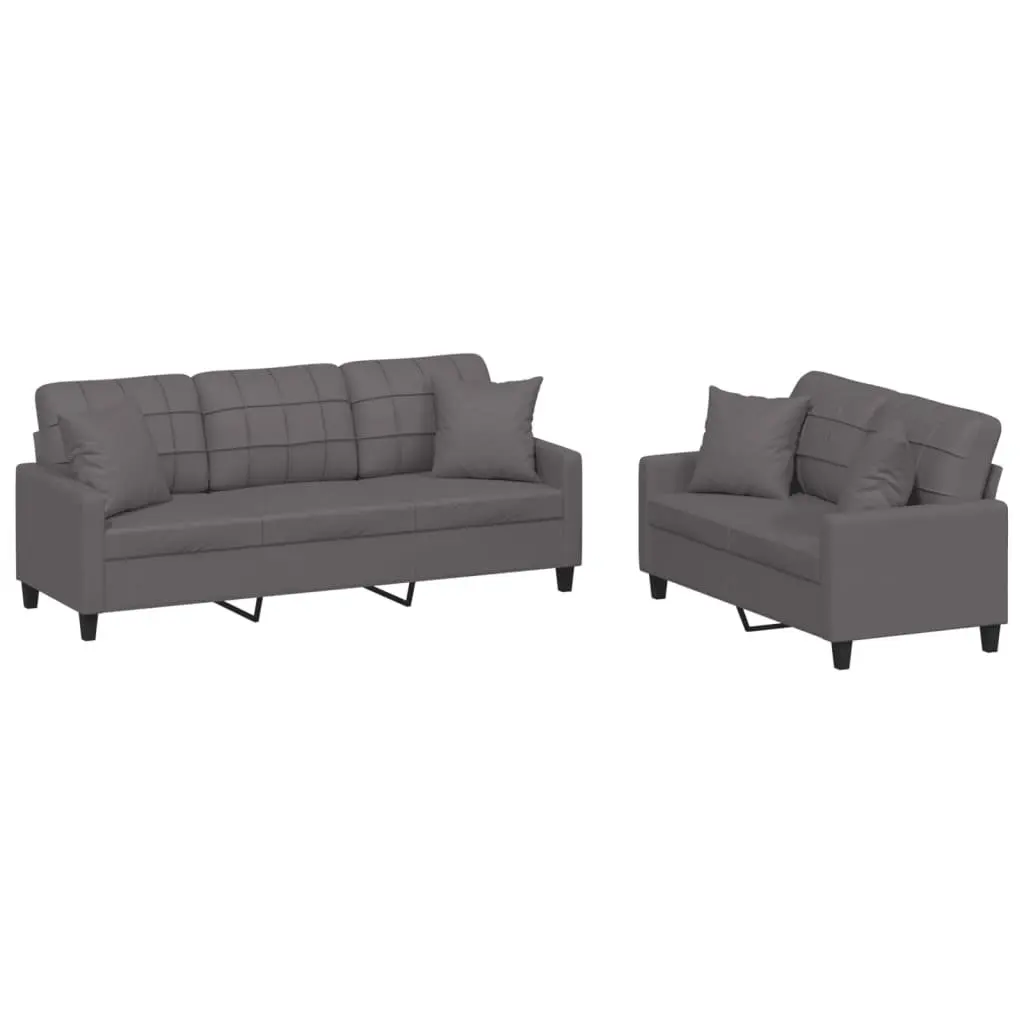 Grey Faux Leather Sofa Set with Throw Pillows