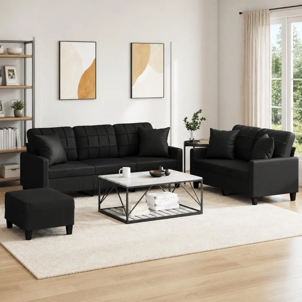3 Piece Sofa Set Black Faux Leather Couch Living Room Furniture