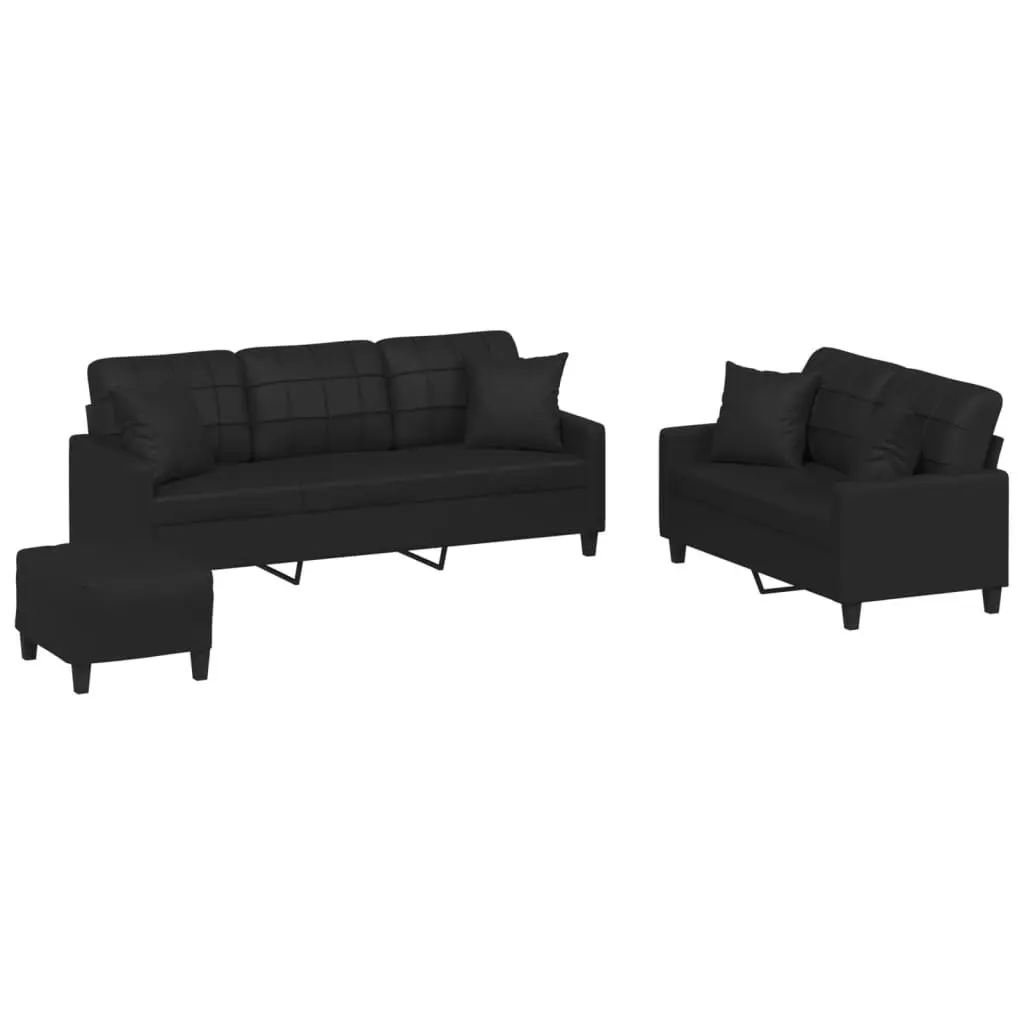 3 Piece Sofa Set Black Faux Leather Couch Living Room Furniture