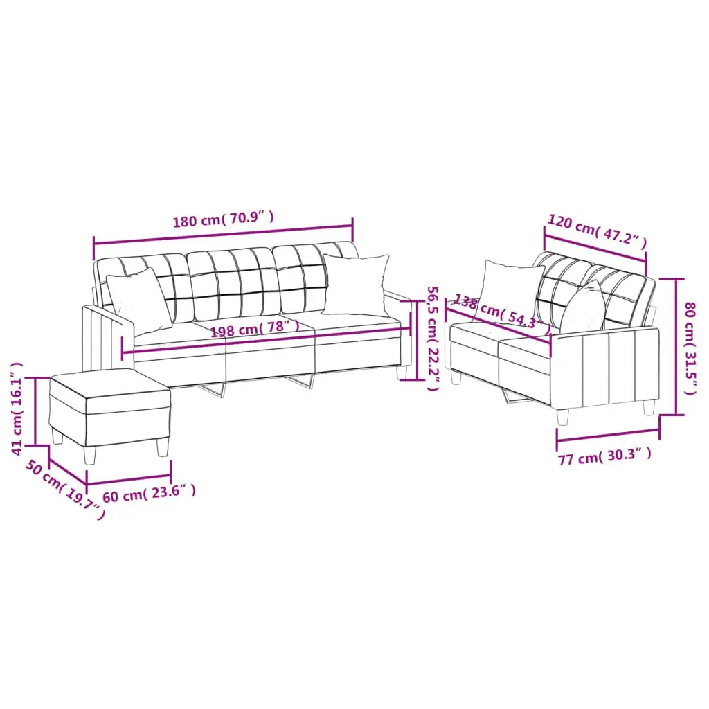 3 Piece Sofa Set Black Faux Leather Couch Living Room Furniture