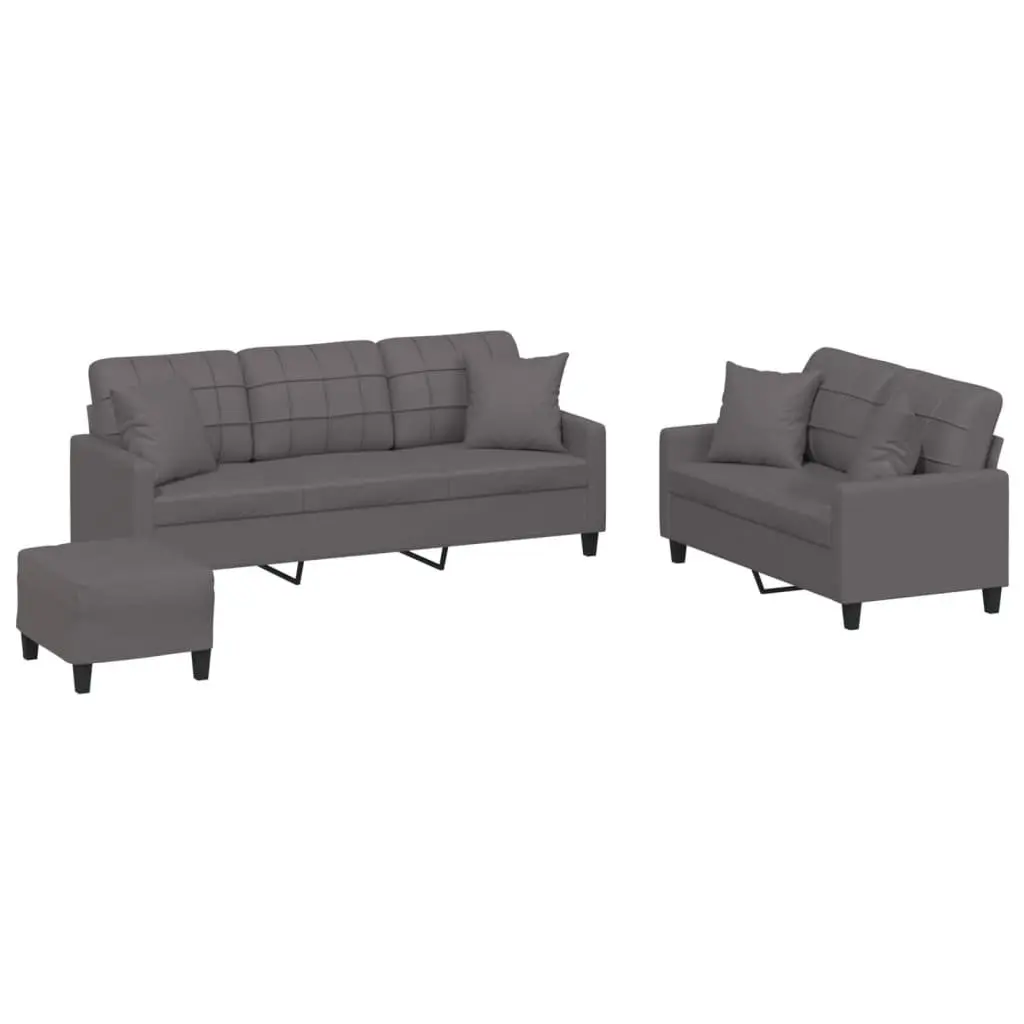 3 Piece Sofa Set Grey Faux Leather Couch for Living Room