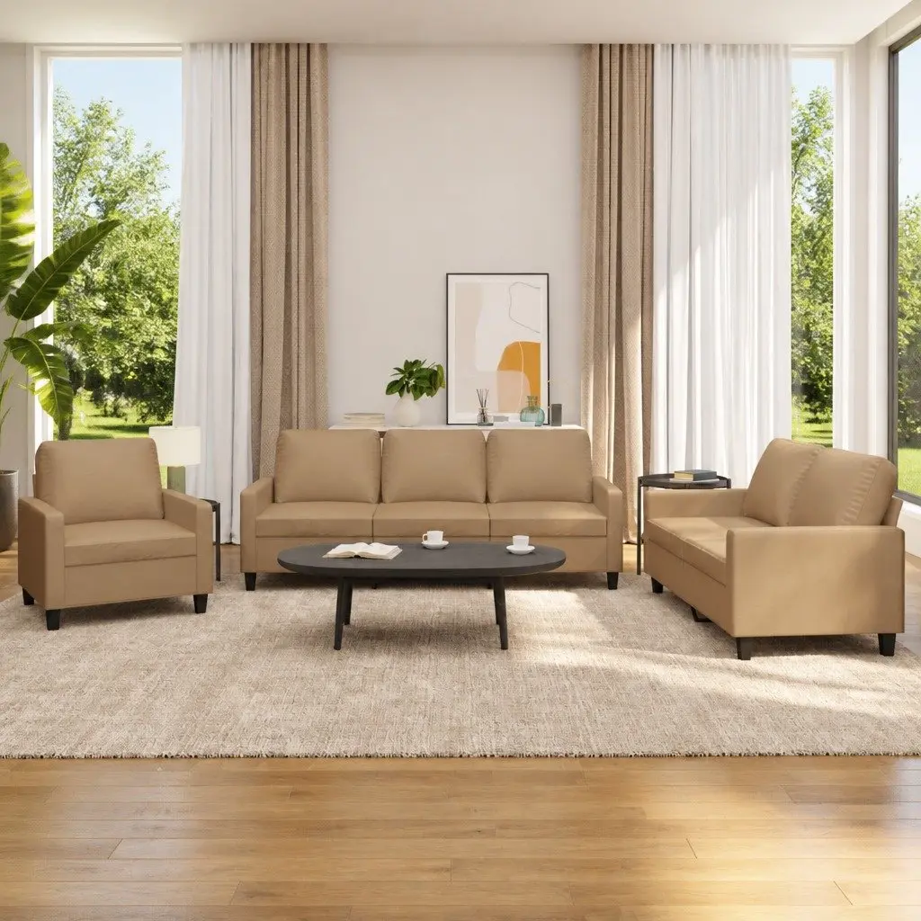 3 Piece Sofa Set Living Room Furniture Brown Faux Leather