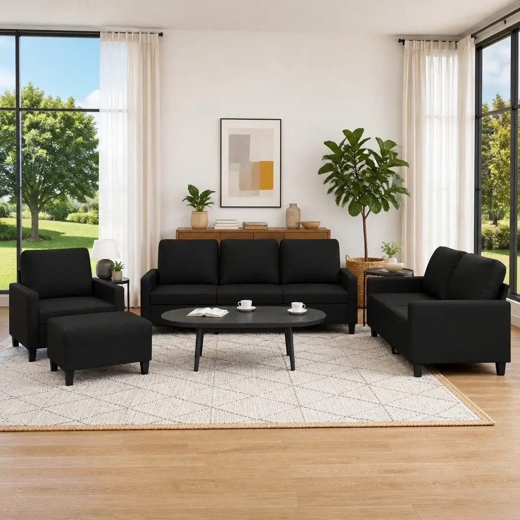 4 Piece Sofa Set Living Room Cushions Black Faux Leather