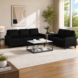 2 Piece Sofa Set with Cushions Black Faux Leather Living Room Seating Furniture