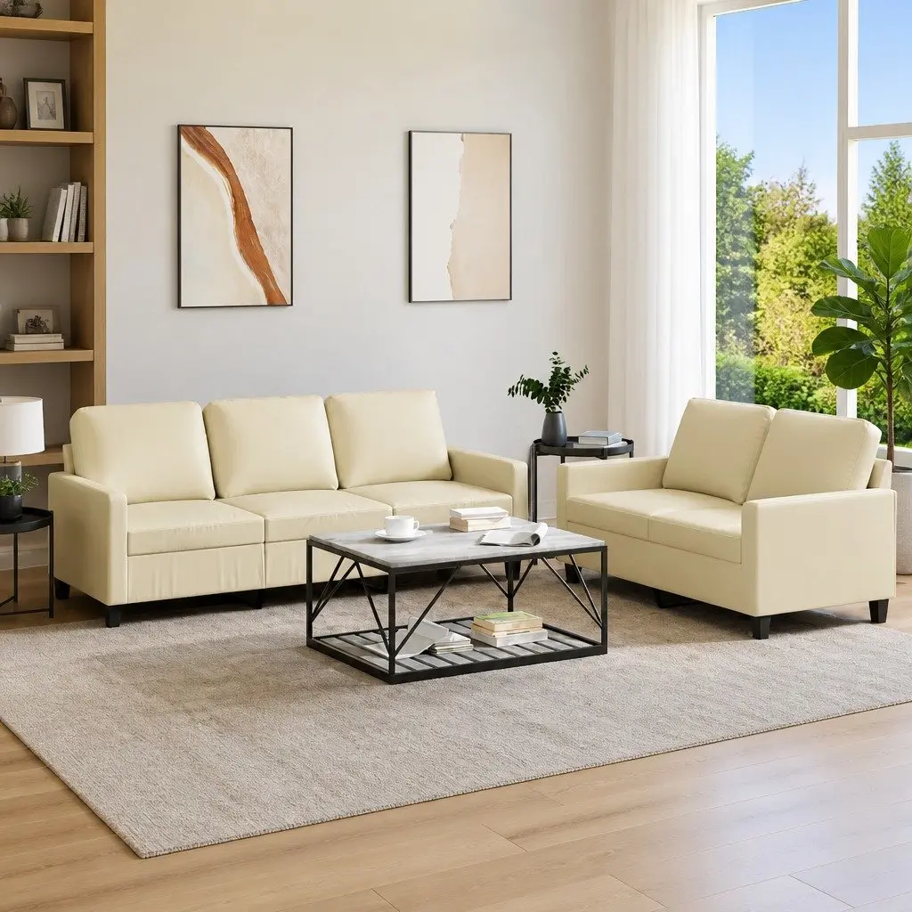 2 Piece Sofa Set Living Room Furniture Cream Faux Leather
