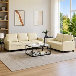 2 Piece Sofa Set with Cushions Cream Faux Leather Living Room Furniture