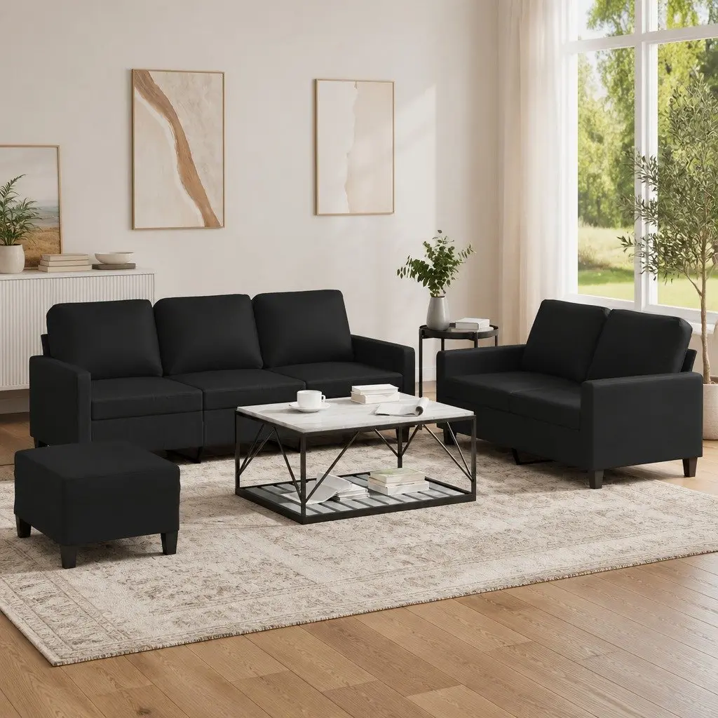 3 Piece Sofa Set with Footstool Cushions Black Faux Leather Living Room