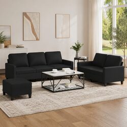 3 Piece Sofa Set with Footstool Cushions Black Faux Leather Living Room
