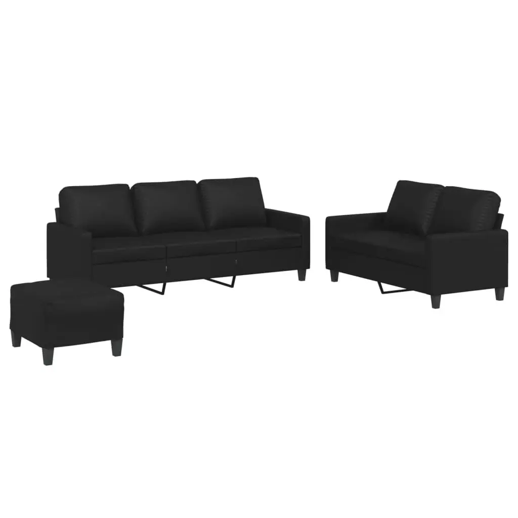 3 Piece Sofa Set with Footstool Cushions Black Faux Leather Living Room