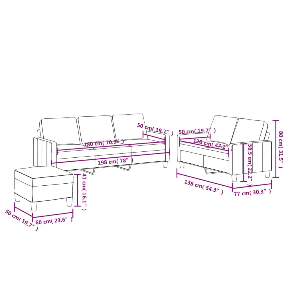 3 Piece Sofa Set with Footstool Cushions Black Faux Leather Living Room