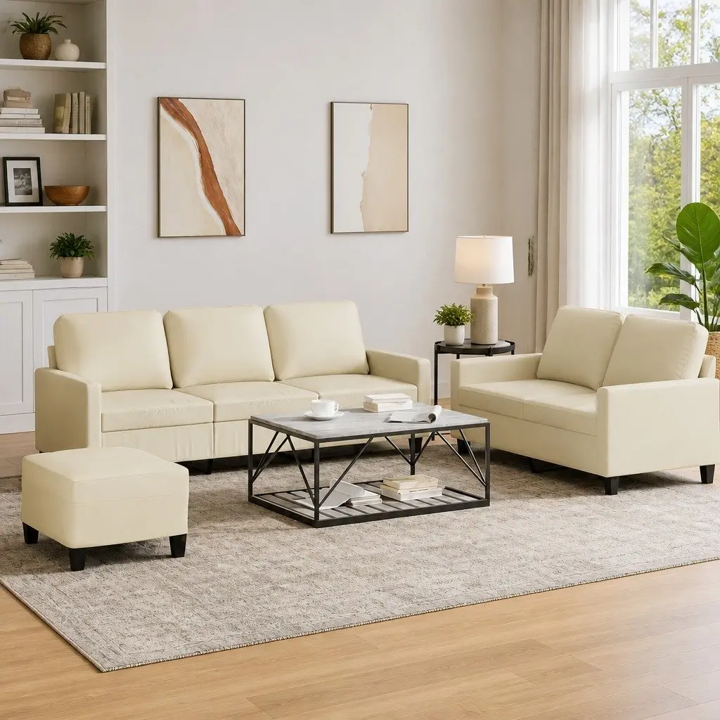 3 Piece Sofa Set Cream Faux Leather Living Room Furniture Seating